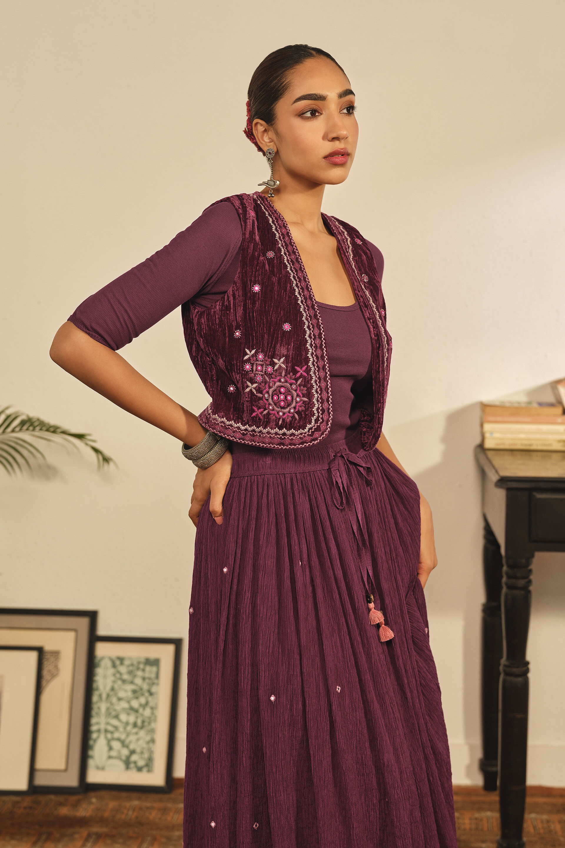 Mirror Detailed Flared Skirt in Wine, Wine, image 2